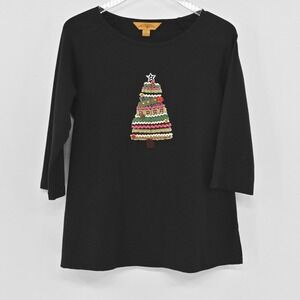 April Cornell Embroidered Top Womens Size S Black Christmas Tree Holidays Vtg